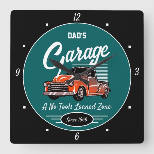 Classic Chevy Vrachtwagen Garage Papa's Naam Blauw Vierkante Klok (Voorkant)