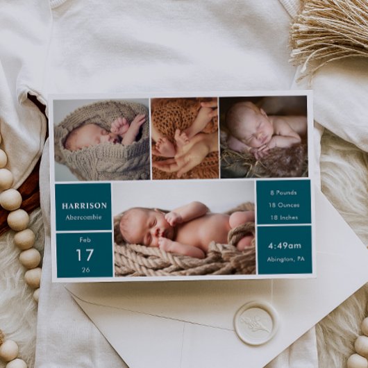 Classic Chic Baby Photo Collage Announcement Card Kaart