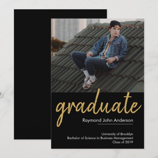 Classic Chic Black Gold Afstuderen Script Afstuder Aankondiging (Voorkant / Achterkant)