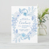 Classic Chic Blue Flower Verjaardag Uitnodiging (Staand voorkant)