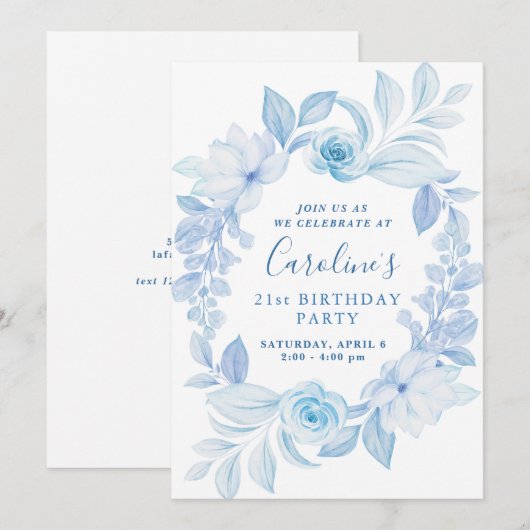 Classic Chic Blue Flower Verjaardag Uitnodiging (Voorkant / Achterkant)