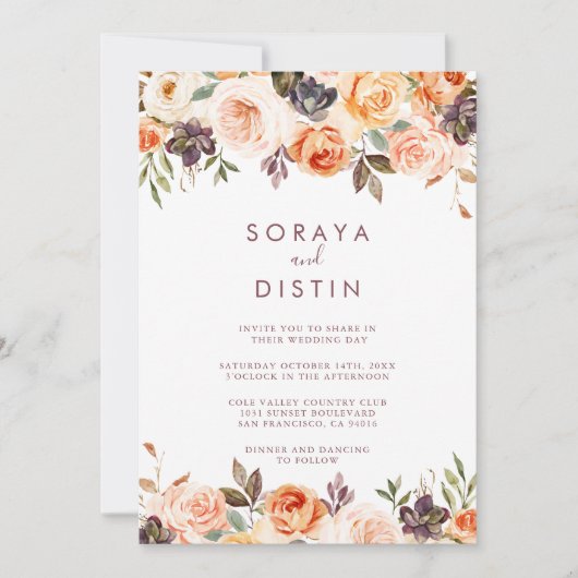 Classic Chic Boho Floral Back & Front Wedding Kaart (Voorkant)