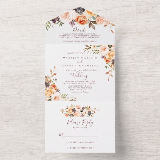 Classic Chic Boho Floral Wedding All In One Uitnodiging (Binnen)