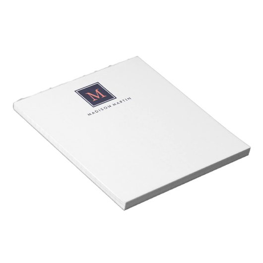 Classic Chic Dark Blue en Coral Monogram Notitieblok (Schuin)