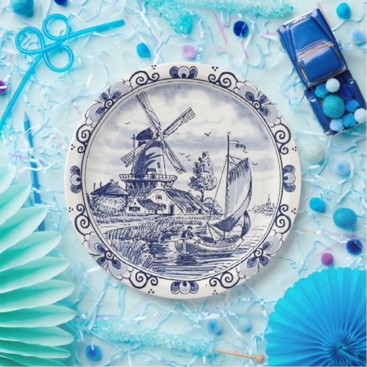 Classic  Chic Hollandse Windmolen Delfts Blauw Papieren Bordje (Feest)