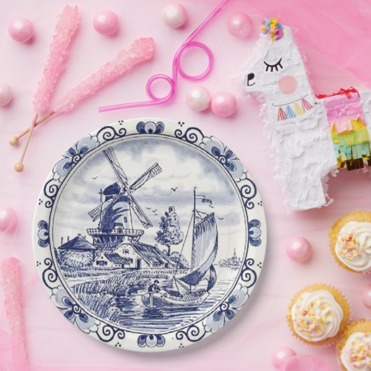 Classic  Chic Hollandse Windmolen Delfts Blauw Papieren Bordje (Feest)