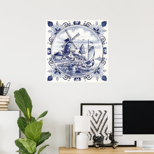 Classic  Chic Hollandse Windmolen Delfts Blauw Poster (Thuiskantoor)