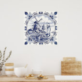 Classic  Chic Hollandse Windmolen Delfts Blauw Poster (Keuken)
