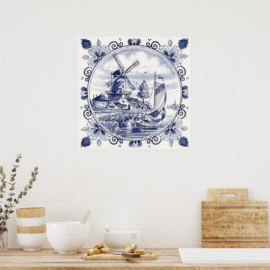 Classic  Chic Hollandse Windmolen Delfts Blauw Poster (Keuken)