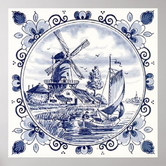 Classic  Chic Hollandse Windmolen Delfts Blauw Poster (Voorkant)