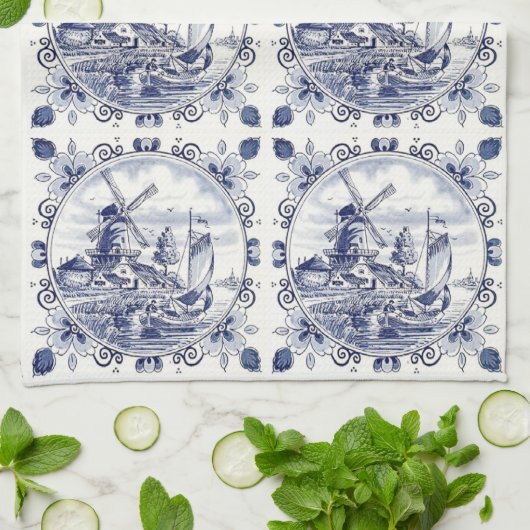 Classic  Chic Hollandse Windmolen Delfts Blauw Theedoek (Gevouwen)