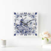 Classic  Chic Hollandse Windmolen Delfts Blauw Vierkante Klok (Huis)
