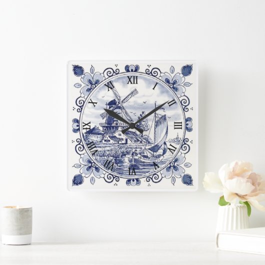 Classic  Chic Hollandse Windmolen Delfts Blauw Vierkante Klok (Huis)