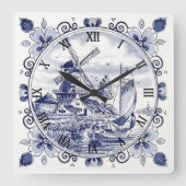 Classic  Chic Hollandse Windmolen Delfts Blauw Vierkante Klok (Voorkant)