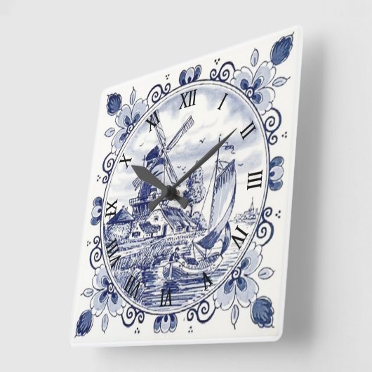 Classic  Chic Hollandse Windmolen Delfts Blauw Vierkante Klok (Hoek)