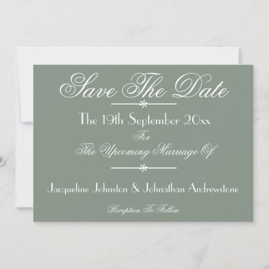 Classic Chic Script Sage Green Save the Date Aankondiging (Voorkant)
