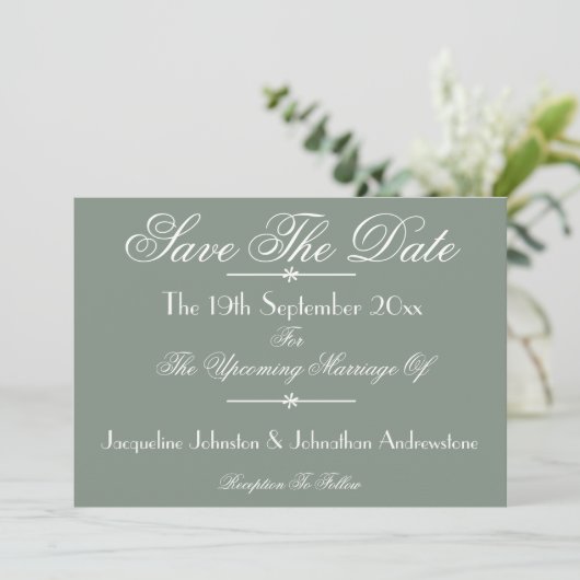 Classic Chic Script Sage Green Save the Date Aankondiging (Staand voorkant)