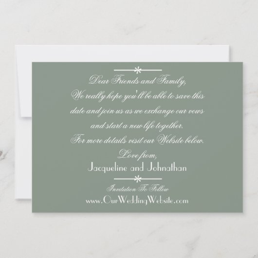 Classic Chic Script Sage Green Save the Date Aankondiging (Achterkant)