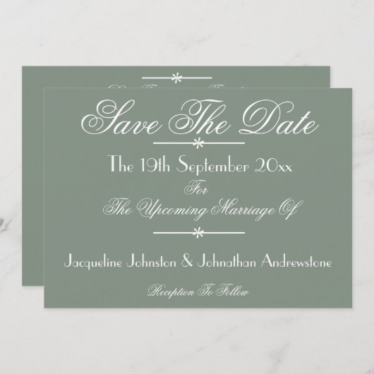 Classic Chic Script Sage Green Save the Date Aankondiging (Voorkant / Achterkant)