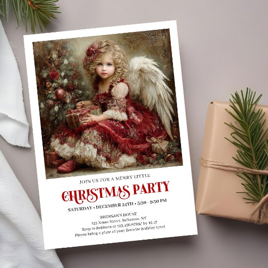Classic Christmas Angel Invitation Red Green Gold Kaart