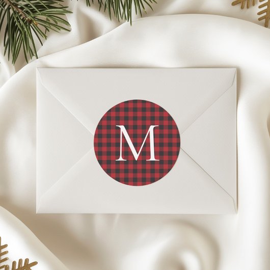 Classic Christmas Buffalo Plaid Custom Monogram Ronde Sticker