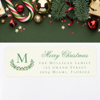 Classic Christmas family monogram return address  Etiket