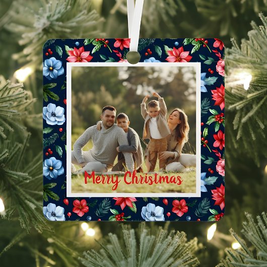 Classic Christmas Floral Frame Photo  Metalen Ornament