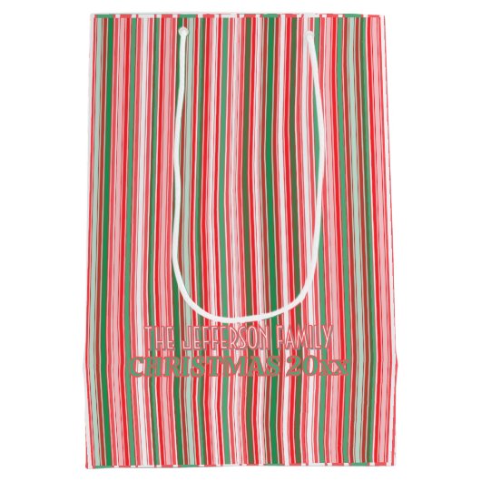Classic Christmas Green Red Stripes  Medium Cadeauzakje (Achterkant)