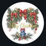 Classic Christmas I Ronde Sticker<br><div class="desc">Een klassieke kerstversiering in rode en groene kleuren - een kerstboomtak. De tak is versierd met levendige rode en groene ornamenten, zoals glanzende snuistertjes, delicate glazen bolletjes en glinsterende sterren. Bovendien zijn er elegante rode strikken om de takken gebonden, waardoor een feestelijke touch wordt toegevoegd. Om een gezellige en warme...</div>
