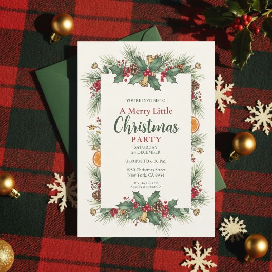 Classic Christmas Party Invitation Holly Frame Kaart