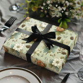 Classic Christmas Peach and Sage Green Floral Gift Inpakpapier Vel