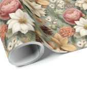Classic Christmas Pink and Sage Green Floral Gift Cadeaupapier (Rol Hoek)
