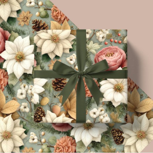 Classic Christmas Pink and Sage Green Floral Gift Cadeaupapier