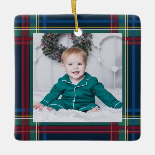 Classic Christmas plaid één foto vakantie Keramisch Ornament (Voorkant)
