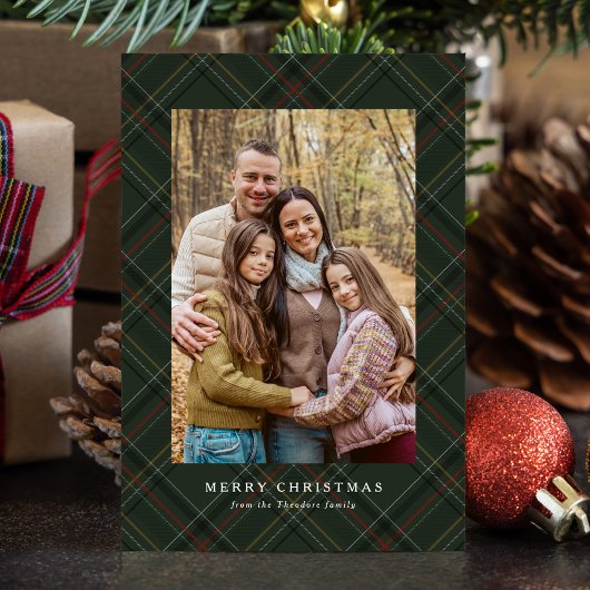 Classic Christmas plaid hunter green simple photo Feestdagenkaart