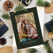Classic Christmas plaid hunter green simple photo Feestdagenkaart