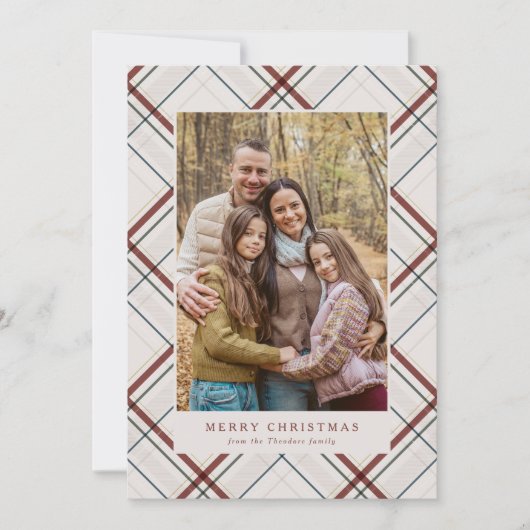 Classic Christmas plaid off-white simple photo Feestdagenkaart (Voorkant)
