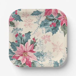 Classic Christmas Poinsettia Flowers Paper Plate Papieren Bordje