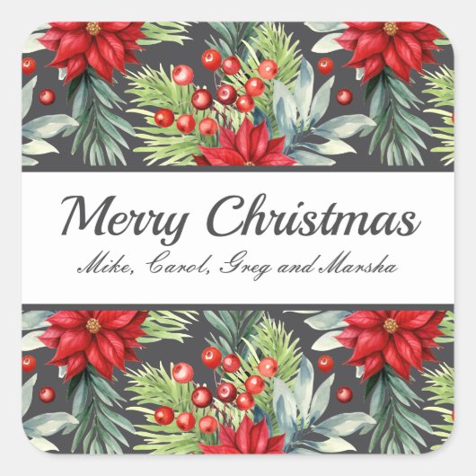 Classic Christmas Poinsettias Custom Holiday Vierkante Sticker (Voorkant)