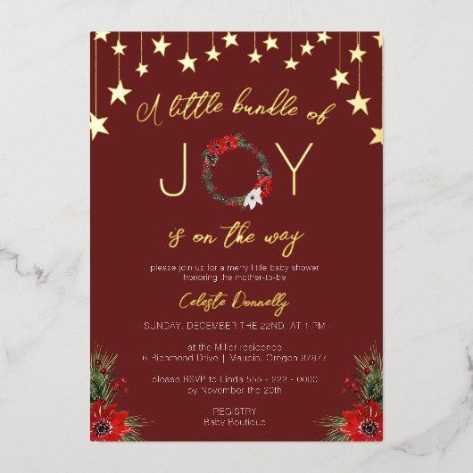 Classic Christmas Red Bundel van Joy Baby shower Folie Uitnodiging (Voorkant)