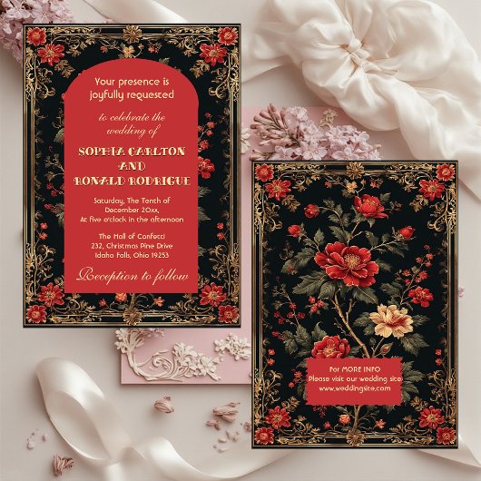 Classic Christmas Red Chinoiserie Floral Wedding  Kaart