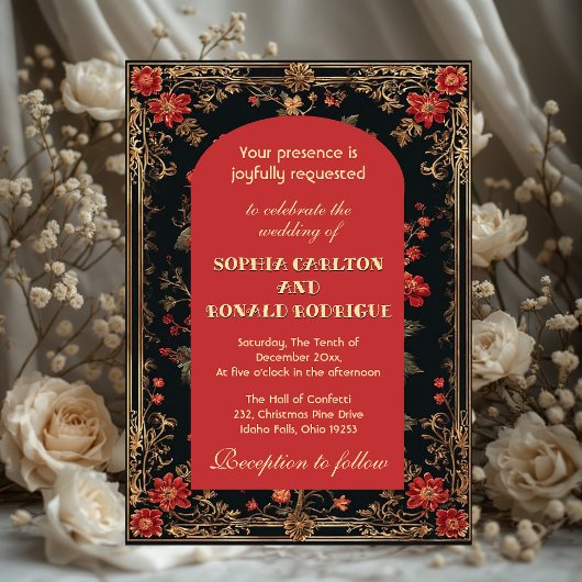 Classic Christmas Red Chinoiserie Floral Wedding  Kaart