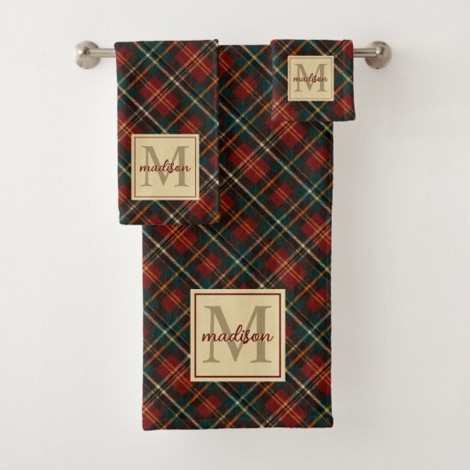 Classic Christmas Red Tartan Plaid Monogram Naam Bad Handdoek (Insitu)