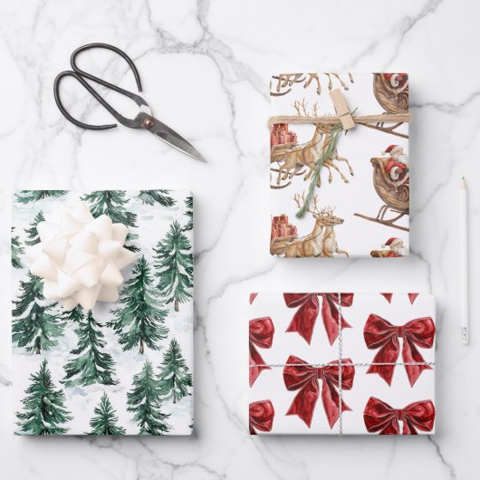 Classic Christmas Santa Sleigh Trees Red Bows Inpakpapier Vel (Voorkant)