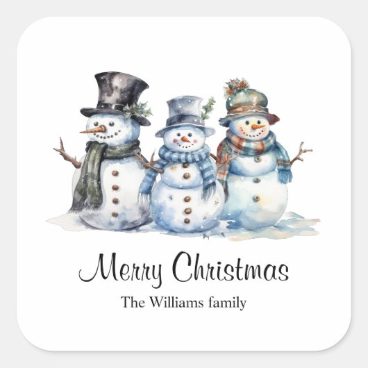 Classic Christmas Waterverf Sneeuwman Vierkante Sticker (Voorkant)