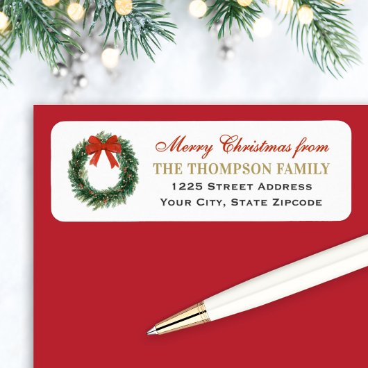 Classic Christmas Wreath Family Return Address Etiket
