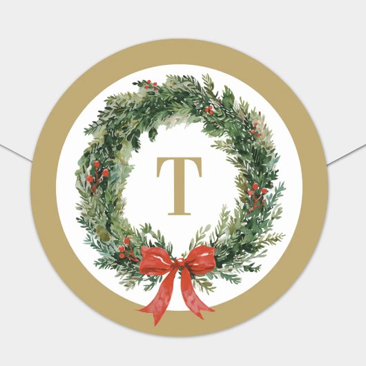 Classic Christmas Wreath Gold Monogram Initial Ronde Sticker