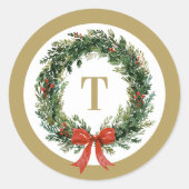 Classic Christmas Wreath Gold Monogram Initial Ronde Sticker (Voorkant)