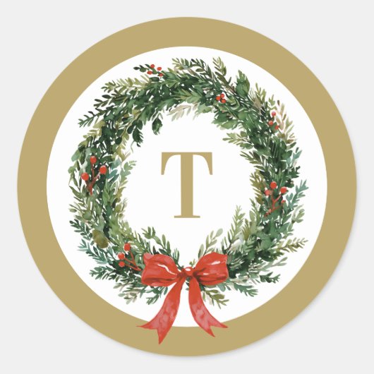 Classic Christmas Wreath Gold Monogram Initial Ronde Sticker (Voorkant)