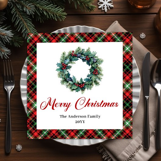 Classic Christmas Wreath Napkin with Custom Name Servet